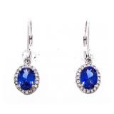 Silver Oval Blue Gemstone w/ Halo Drop Earrings
