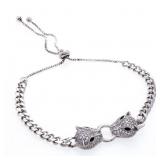 Silver Double Panther Head Bracelet Pave Set