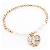 18kt BGO Gold Bead & 6 Pearl Bracelet w/Heart Tag