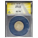 1883 Liberty Nickel AU50 ANACS No Cents