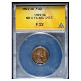 1922 Plain Lincoln Cent F12 ANACS