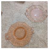 2PC VTG PINK GLASS PLATTER, BOWL W/WICKER STYLE