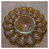 VTG CARNIVAL GLASS AMBERINA DEVILED EGG PLATE