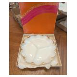 ANCHOR HOCKING MILK GLASS DIVIDED DISH W/GOLD GILT