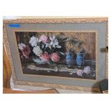 FRAMED ARTWORK, BUFFET W/FLOWER ARRANGEMENT