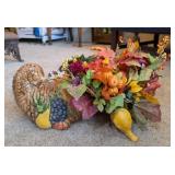 CERAMIC CORNUCOPIA WITH FALL ARRANGEMENT