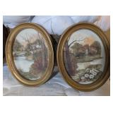 2PC OVAL FRAMED ARTWORK COTTAGE SCENES