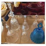 6PC ASSTD GLASS BELLS, FENTON BLUE GLASS, OTHER