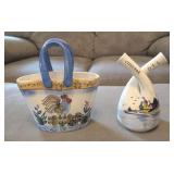 2PC CERAMIC ROOSTER BASKET & OIL/VINEGAR CRUET
