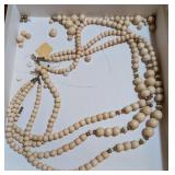 VTG MULTI STRAND WOOD, SHELL, METAL NECKLACE