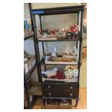 VTG/ANTQ WOOD SHELVING UNIT ON WHEELS, 2-DRAWERS