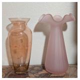 2PC PINK GLASS VASES, FROSTED, ETCHED