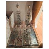 6PC VTG HAND PAINTED GLASS BOTTLES W/CORK TOPPERS