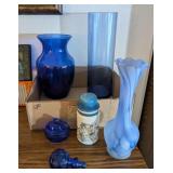 ASSTD BLUE GLASS VASES, TOPPER, LIDDED TRINKET