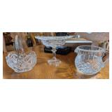 3PC HEAVY CUT GLASS BASKET W/SILVERTONE WIRE