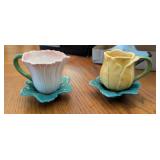 HAND PAINTED FLOWER TEACUP W/LEAF SAUCERS