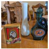 WHITE GLASS VASE & DECORATIVE TIN & AVON CRUET