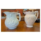 2PC CERAMIC PITCHERS, WHITE, LEAF & FORAL PATTERN