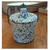 SPATTERWARE BLUE/WHITE STONEWARE CROCK W/LID &