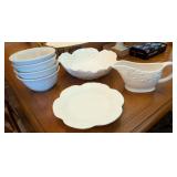 7PC WHITE CERAMIC BOWLS, SERVING BOWL, PLATE &