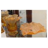 2PC VTG AMBER GLASS HANDKERCHIEF PEDESTAL VASE-