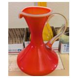 VTG HAND BLOWN GLASS PITCHER, RED/ORANGE