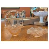 2PC FENTON PINK GLASS BASKET & PEDESTAL NUT BOWL