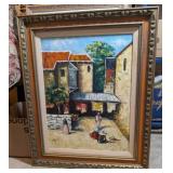 VTG FRAMED ARTWORK-SIGNED, RUSTIC VILLAGE