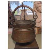 ANTQ METAL/WOOD STAND WITH HANGING HAMMERED COPPER