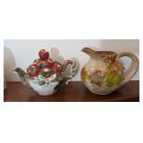 CRABAPPLE CERAMIC TEAPOT & LEAF PITCHER