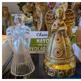 2PC ANGELS,RIBBED GLASS CANDLE HOLDER & GOLD TONE