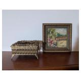 2PC ANTQ FRAMED WALL ART-SIGNED & VTG GOLDTONE