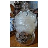 LIDDED ETCHED GLASS CANDY DISH W/ASSTD US COINS