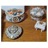 4PC TRINKET DISHES, WOOD, PORCELAIN, CERAMIC