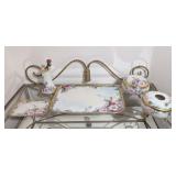 PORCELAIN FOOTED GOLD GILT VANITY SET & HAT PIN