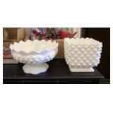 VTG FENTON MILK GLASS HOBNAIL FOOTED CANDLE BOWL,&