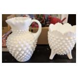 VTG FENTON MILK GLASS HOBNAIL PICHER & FOOTED VASE