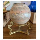 SOLID CARVED STONE ORB W/BRASS STAND