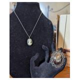 SILVER TONE CAMEO NECKLACE & MIRRORED BROOCH