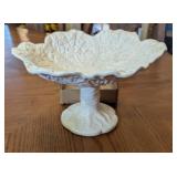 WHITE CERAMIC CABBAGE LEAF PEDESTAL BOWL