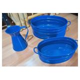 3PC BLUE ENAMEL METAL BASKETS & PITCHER