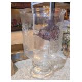 LARGE FOOTED CRYSTAL HURRICANE VASE W/ETCHED