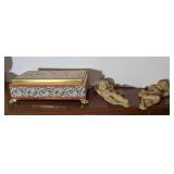 VTG METAL FOOTED KEEPSAKE BOX & 2PC WALL ART ANGEL