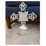 PAINTED CAST IRON WALL HANGING CANDLE HOLDER CROSS