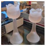 2PC FROSTED PINK GLASS TULIP PEDESTAL CANDLE