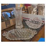 3PC VTG CUT GLASS BUD VASE, FOSTORIA CONDIMENT