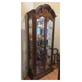 DARK WOOD CURIO CABINET, BEVELED GLASS FRONT DOORS
