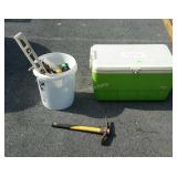 Bucket with misc tools and igloo cooler