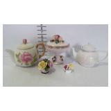 2 Bone China floral figurines, 2 ceramic teapots,
