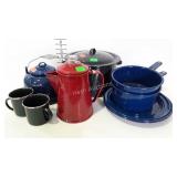 Enamelware - tea kettle, coffee pot, sauce pots,